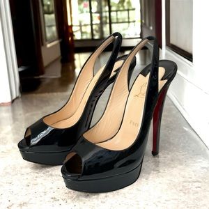 Christian Louboutin Black Patent Leather Lady Peep Toe Slingback Platform Heels